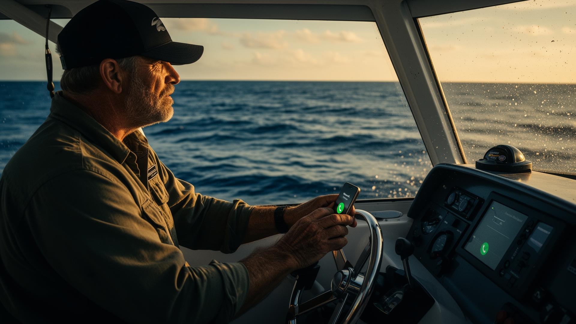Charter captain at the helm with a phone ringing on the wheel