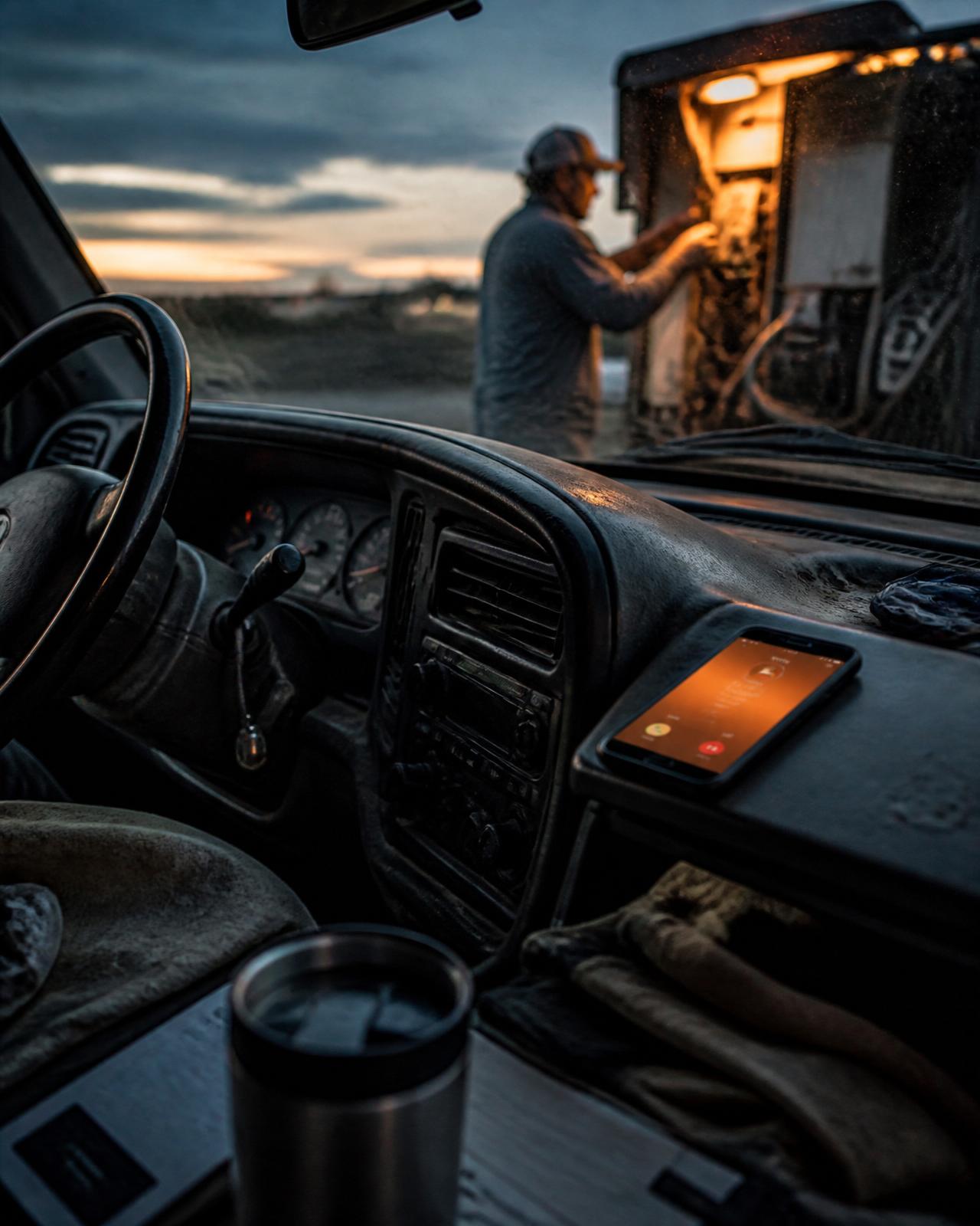 Mobile operator working outside a truck with a phone ringing on the dashboard